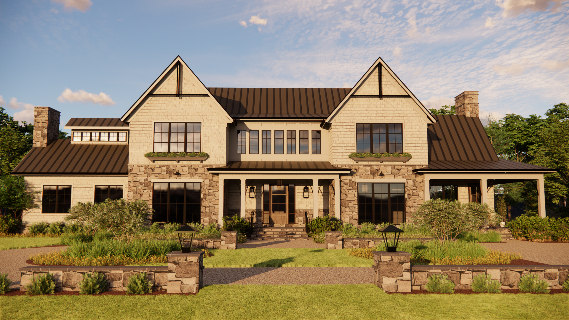 Front view of a two-story house with stone and beige siding exterior, gabled roof, and large windows, surrounded by a landscaped lawn with bushes and trees, under a partly cloudy sky.