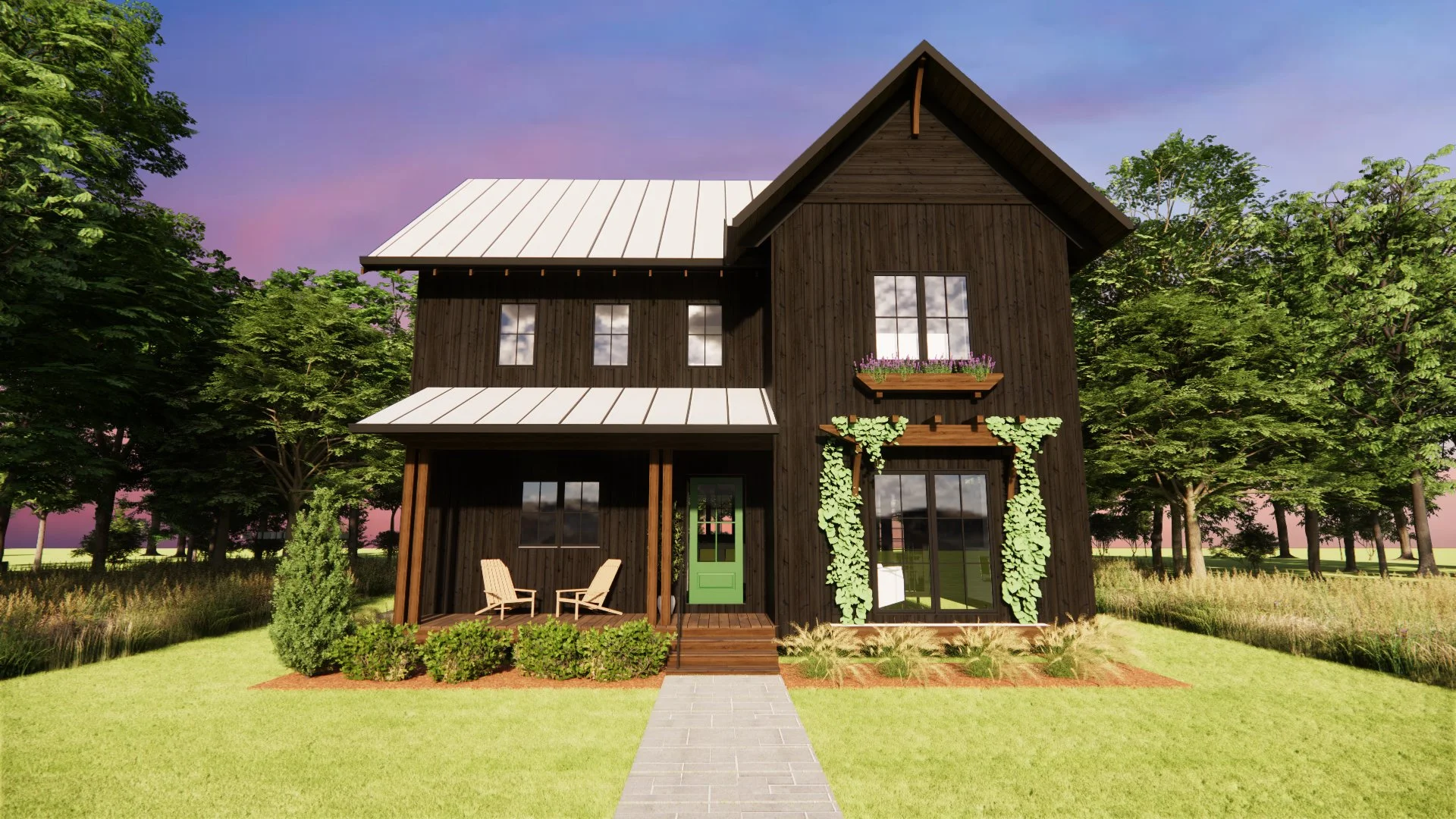 A two-story wooden house with a white metal roof, surrounded by green trees and a well-maintained lawn. The house features a small front porch with two chairs, a glass front door painted green, and window boxes with flowers on the upper floor.