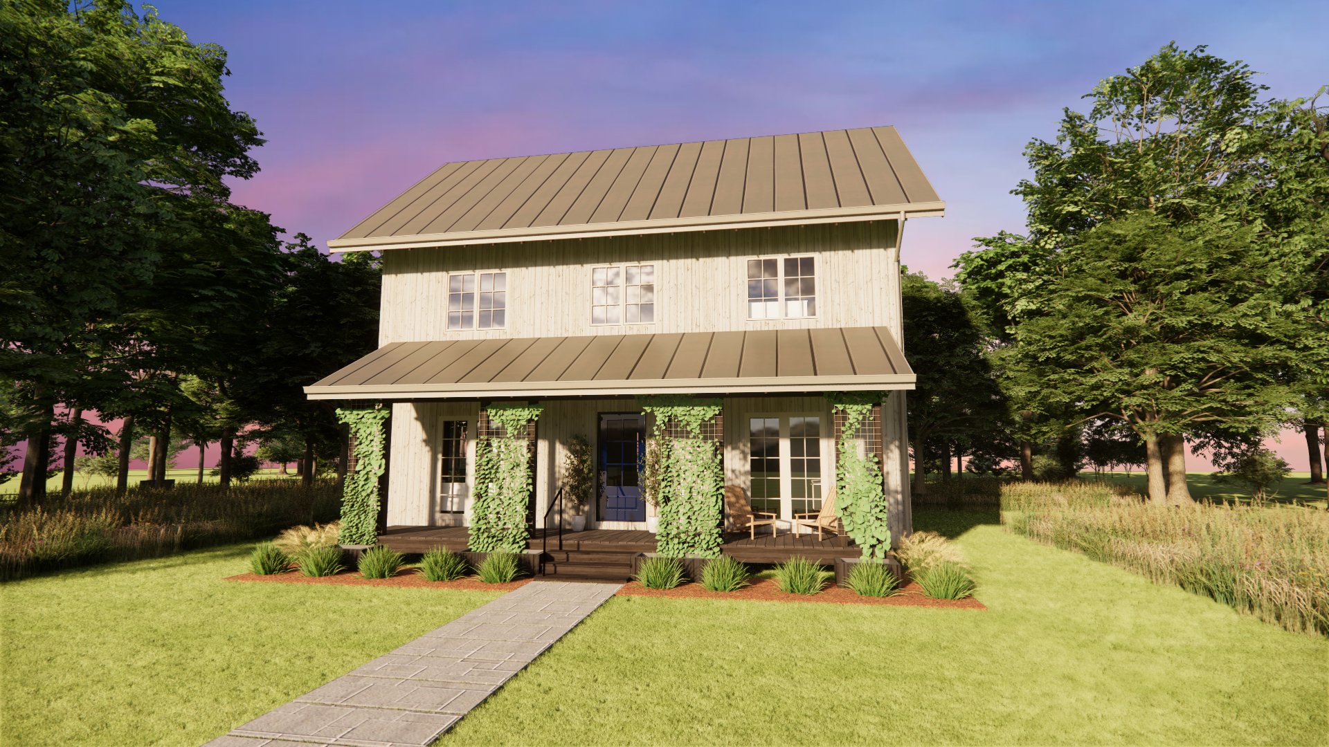 A two-story house with a metal roof, white wooden siding, and a front porch with three pergola columns covered in green climbing plants. The house is surrounded by trees, a well-maintained lawn, and shaded seating area on the porch, with a stone pathway leading to the front door.