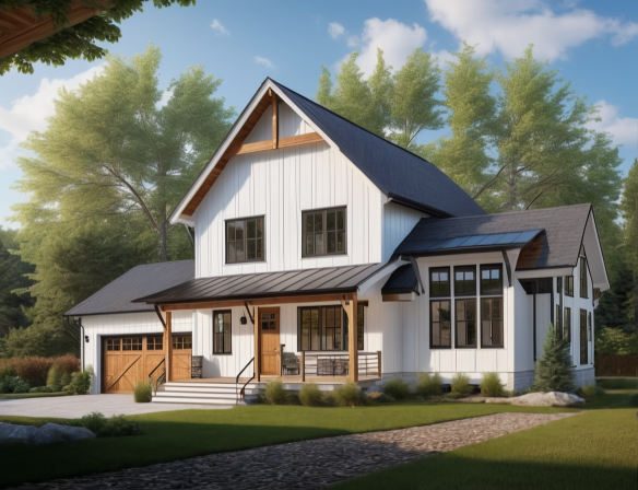 A two-story modern farmhouse with white vertical siding, black roof, and large windows, surrounded by trees and a well-maintained lawn.