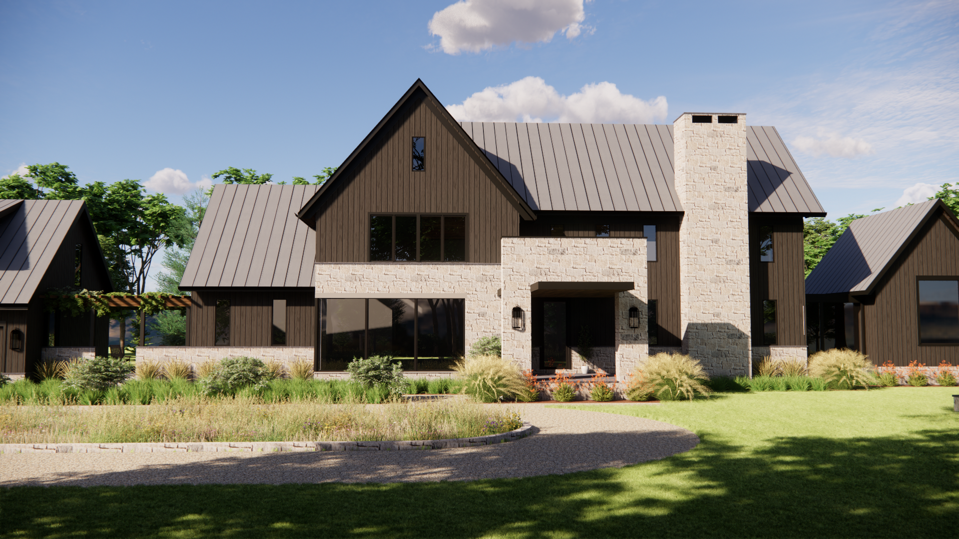 Modern house with dark wood siding, stone chimney, large windows, landscaped front yard with grass, shrubs, and a curved pathway, under a partly cloudy sky.
