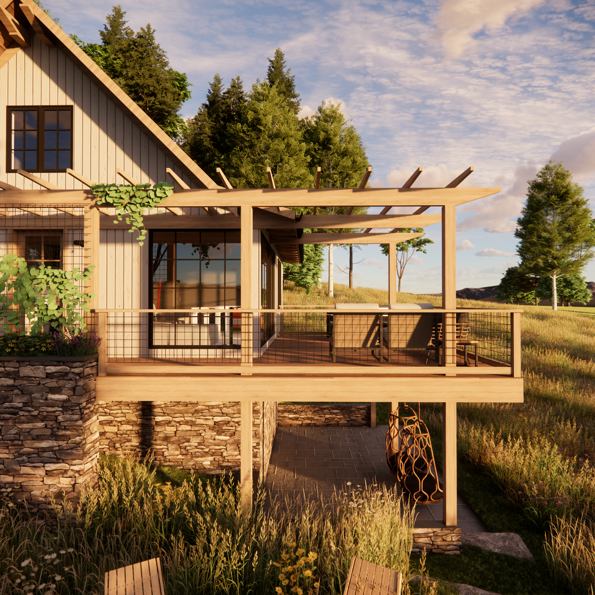 A modern house with a spacious wooden deck and railing, surrounded by greenery and trees, under a partly cloudy sky during sunset.