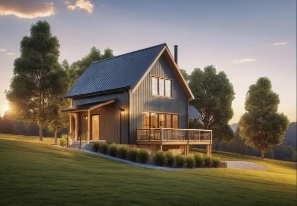 A modern two-story house with a blue metal roof, wooden siding, large front windows, and a balcony, surrounded by a grassy lawn and trees at sunset.