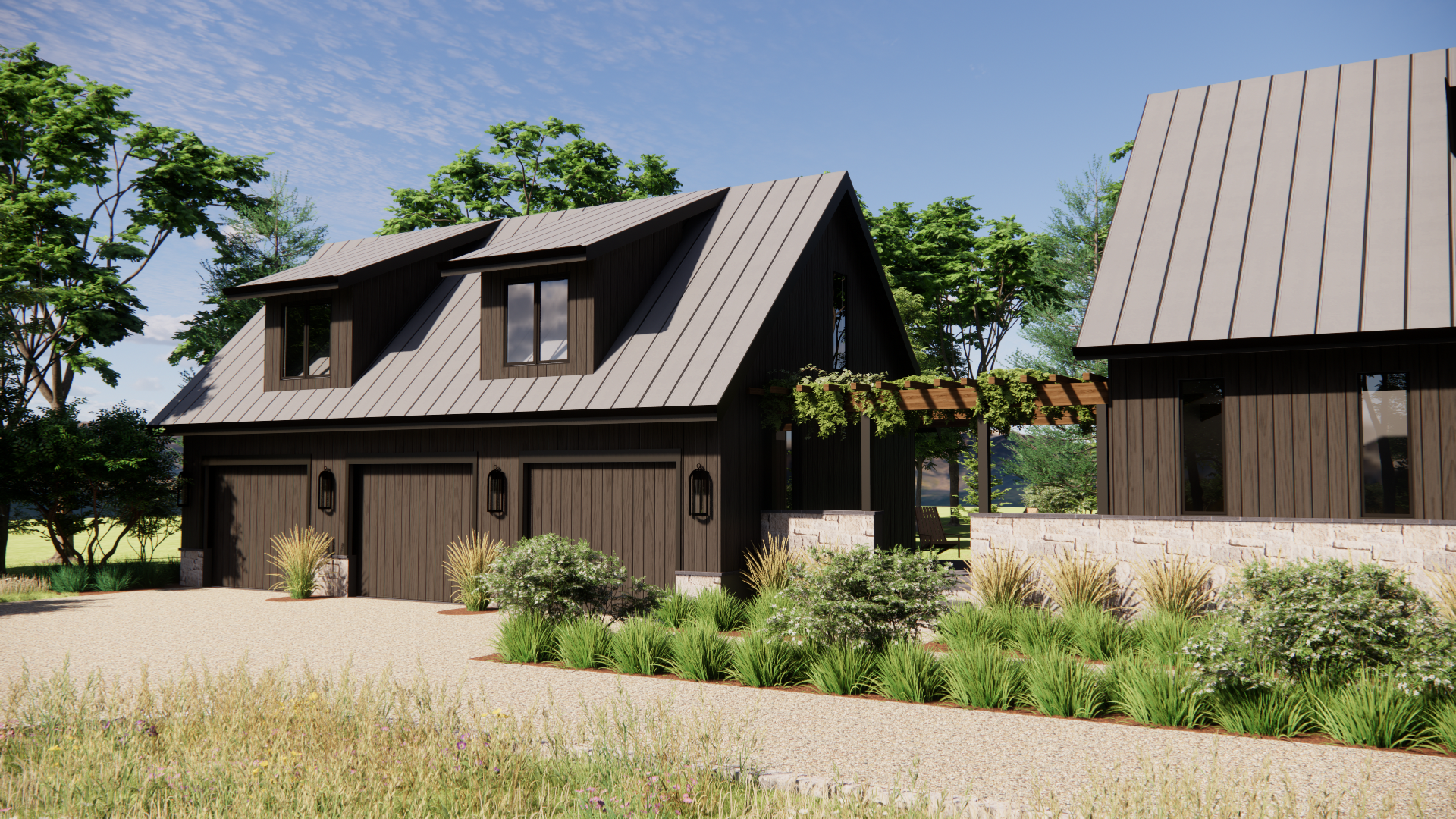 A modern two-story house with dark wood siding, a sloped metal roof, and attached garage doors, surrounded by landscaped greenery and trees under a blue sky.