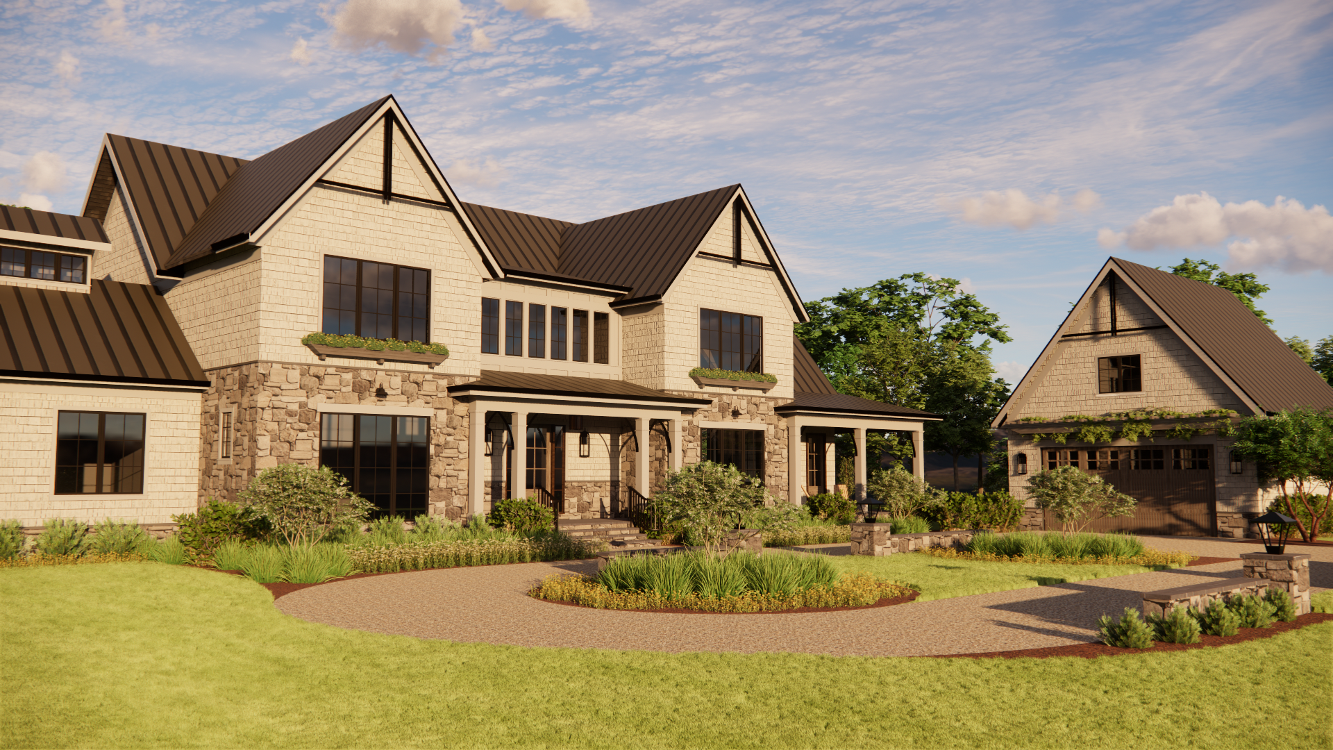 A large two-story house with stone and beige brick exterior, multiple gabled roofs, and a landscaped front yard with pathways, bushes, and trees.