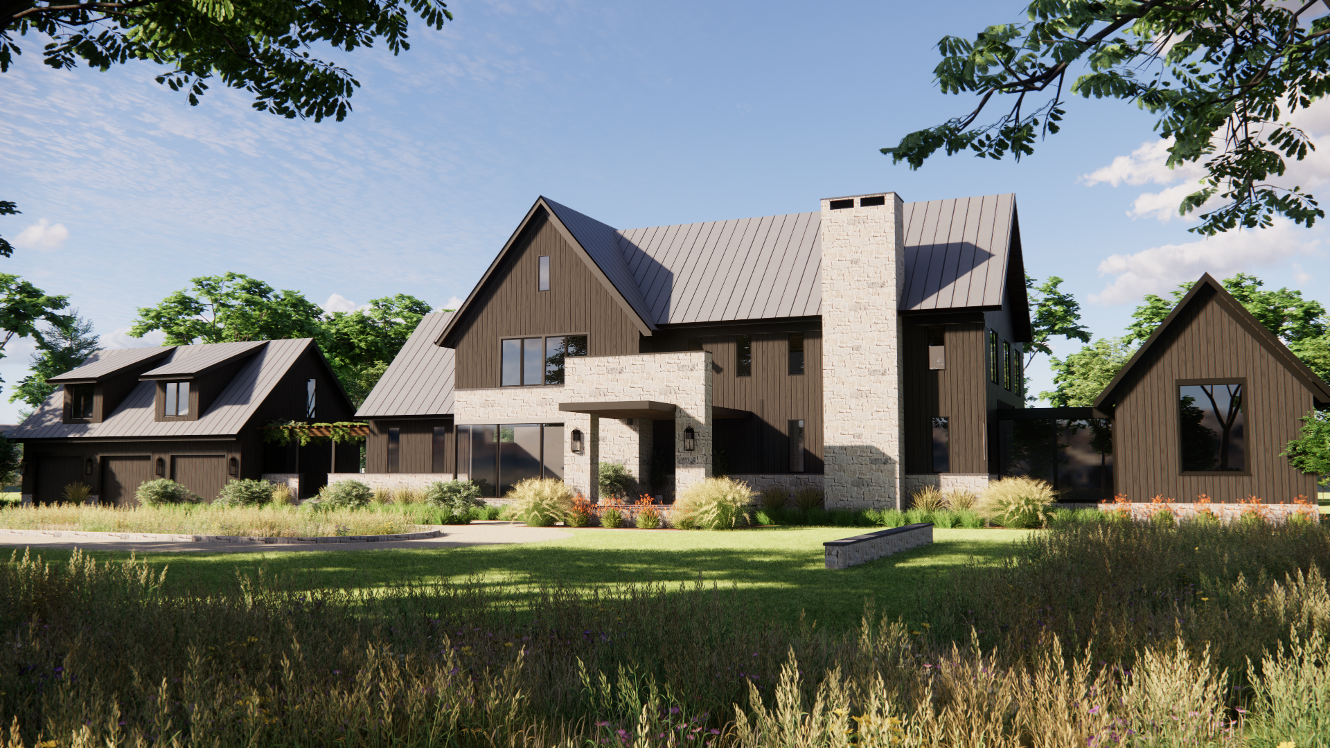 A modern house with a combination of white stone and dark wood siding, set in a landscaped yard with grass, bushes, and trees, under a partly cloudy sky.