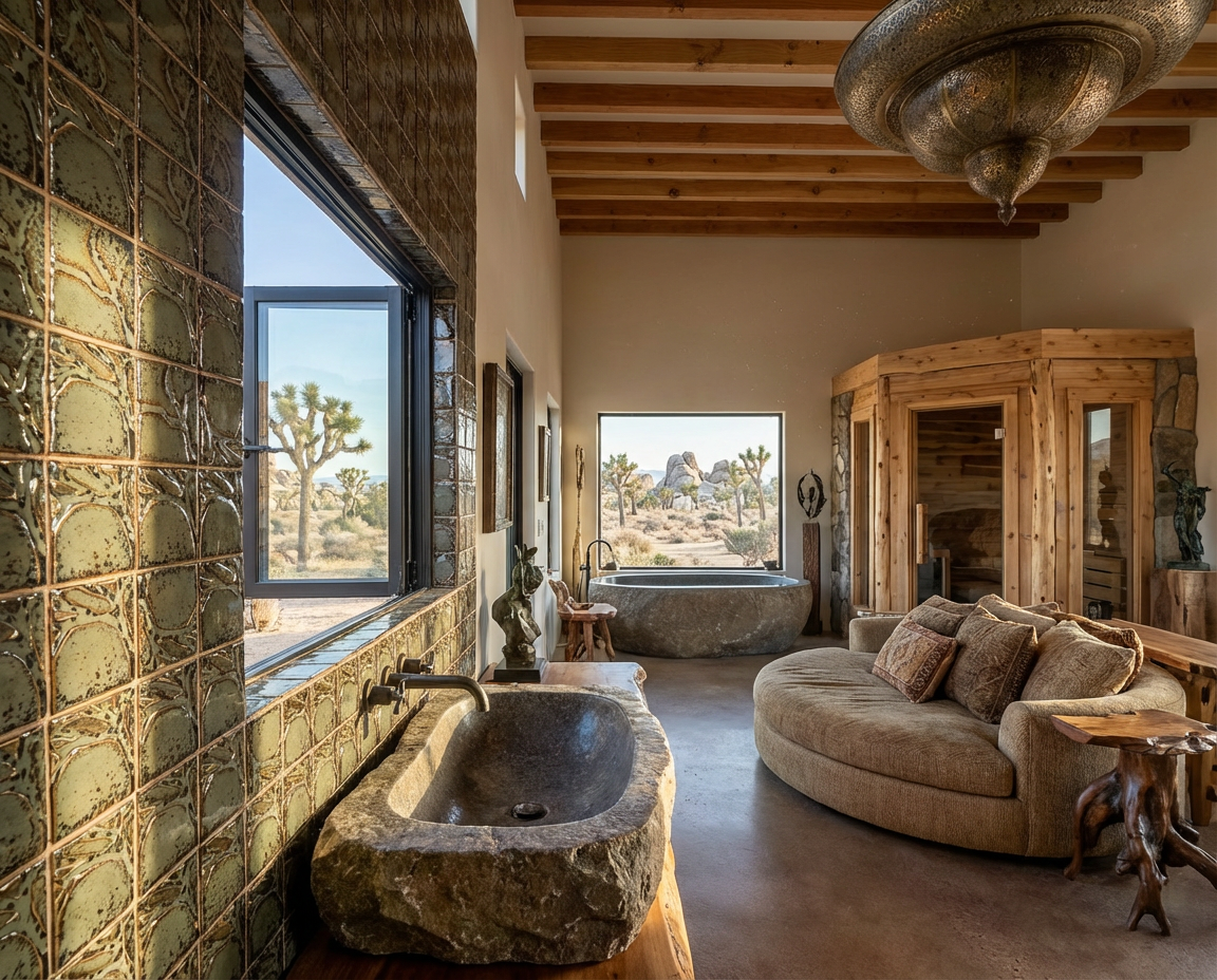 Branching custom ceramic tile in Lichen glaze, handmade sculptural tile detail installed in the interior of a house with desert view, featuring a large window, stone sink, bathtub, curved sofa, wooden ceiling, and various sculptures in Joshua Tree