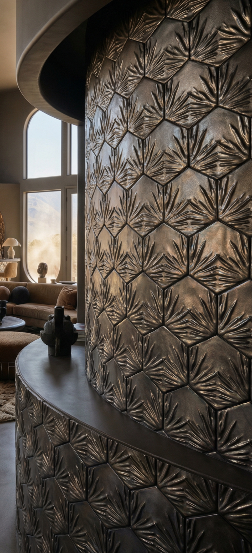 Close-up of a textured hexagonal metallic wall in a contemporary living room, with large windows and modern decor in the background.