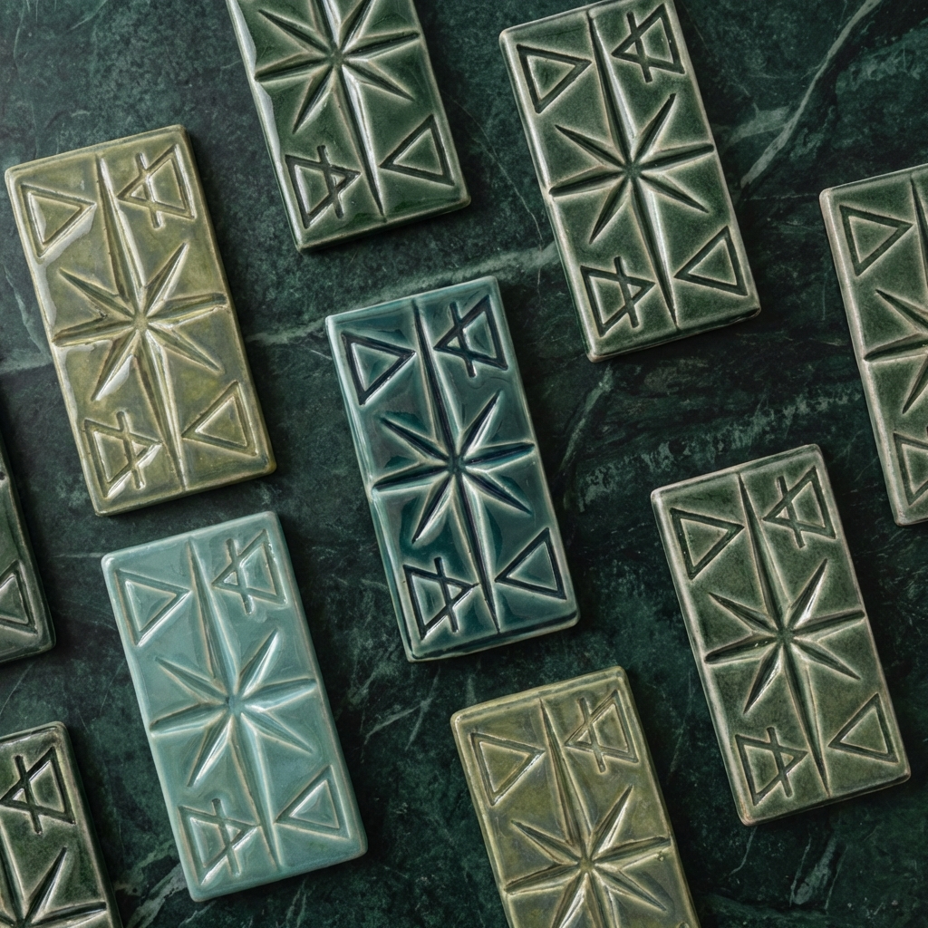 Multiple rectangular tiles with geometric patterns resembling a star and arrow designs, laid on a dark green marble surface.