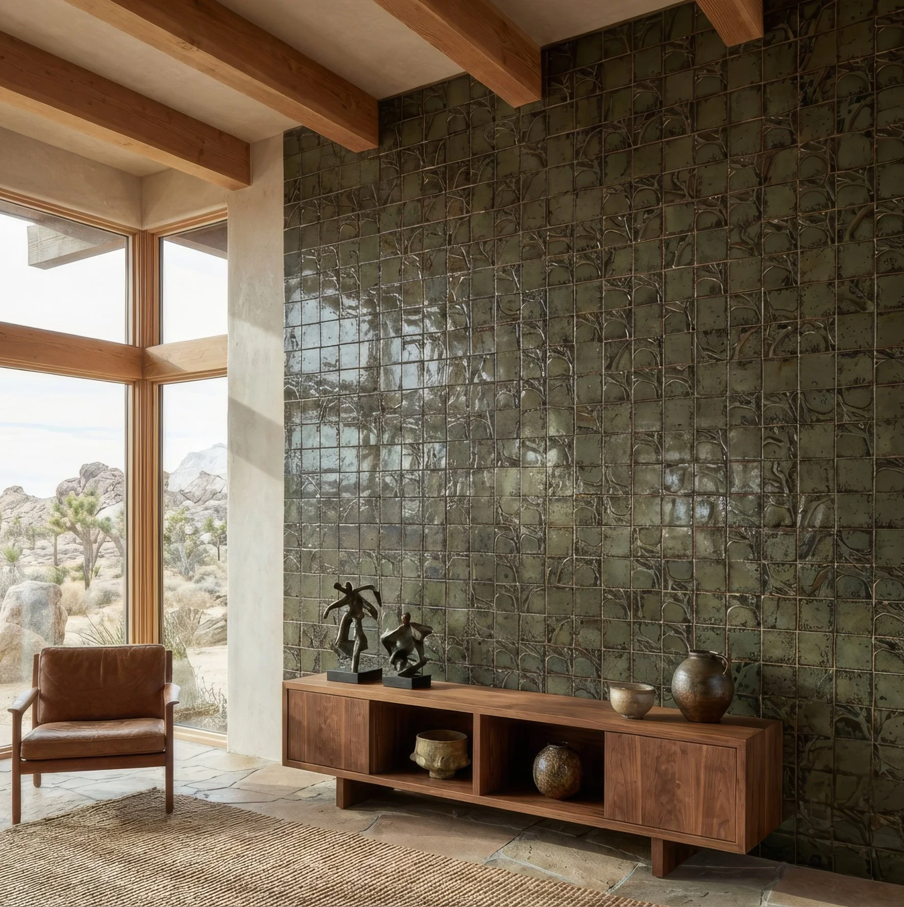Branching custom ceramic tile in Lichen glaze, feature wall installation in Palm Springs