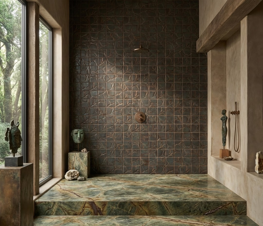 Interior of bathroom with green marble floor, dark tiled shower wall, and sculptures displayed on pedestals near a large window overlooking a green outdoor area.