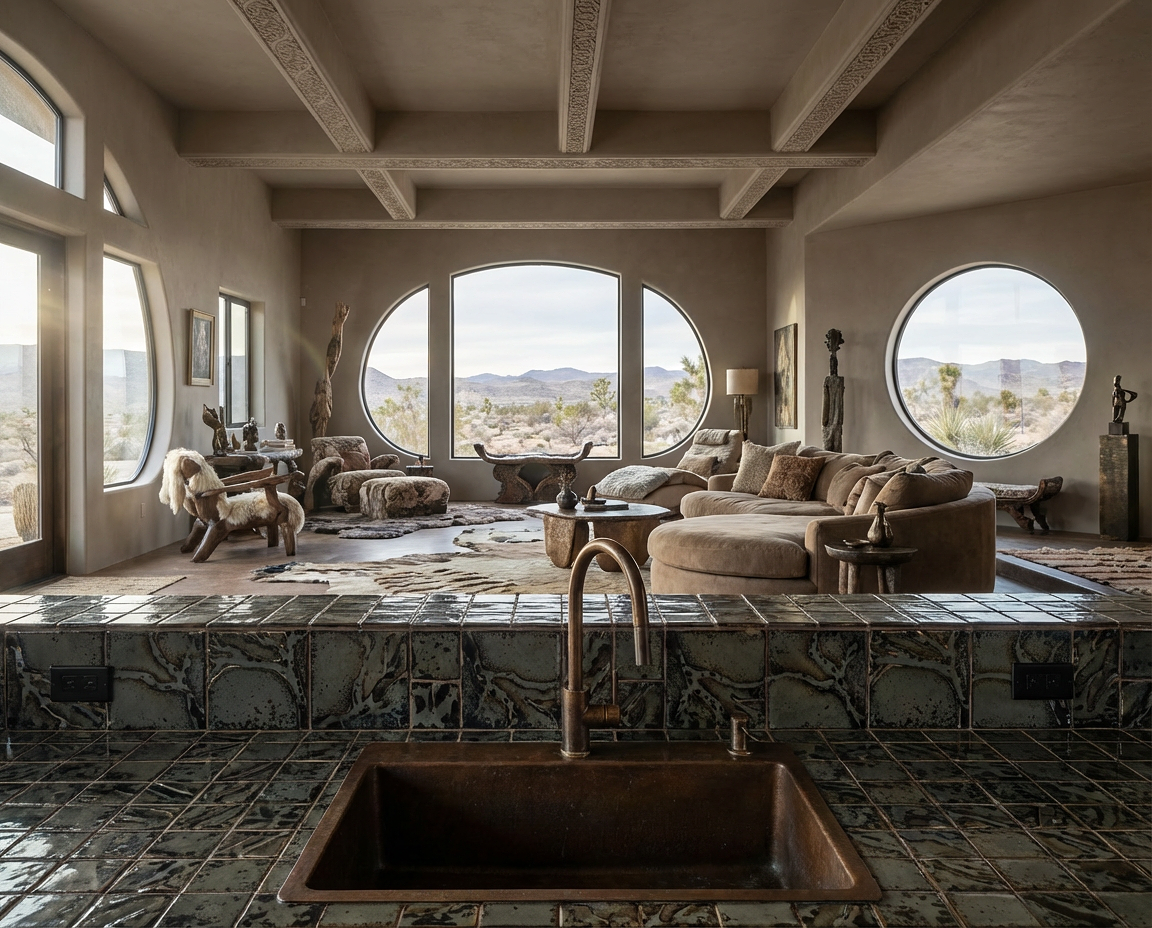 Branching ceramic tile in Lichen glaze, handmade sculptural tile installed in a living room with large circular and rectangular windows showing Joshua Tree desert landscape