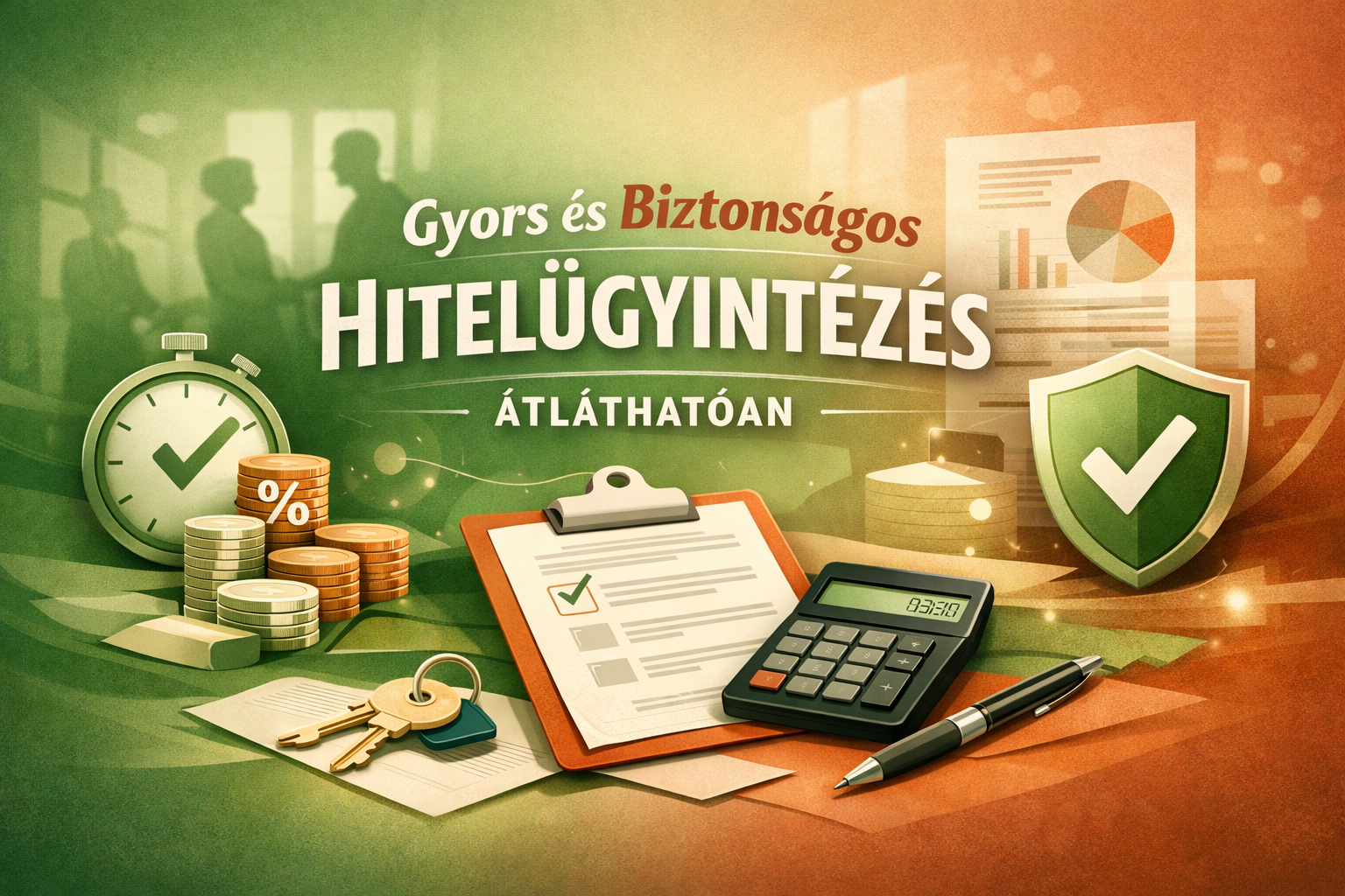 A digital illustration promoting transparent and secure loan management, featuring a stopwatch with a checkmark, stacks of coins with percentage symbols, a clipboard with a checklist and a green checkmark, a calculator, keys, a pen, and a shield with a checkmark.