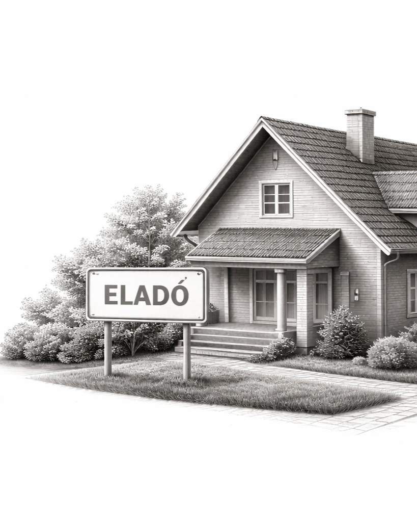 A black-and-white illustration of a house with a sign that says 'ELADÓ' in front of it, indicating it is for sale.