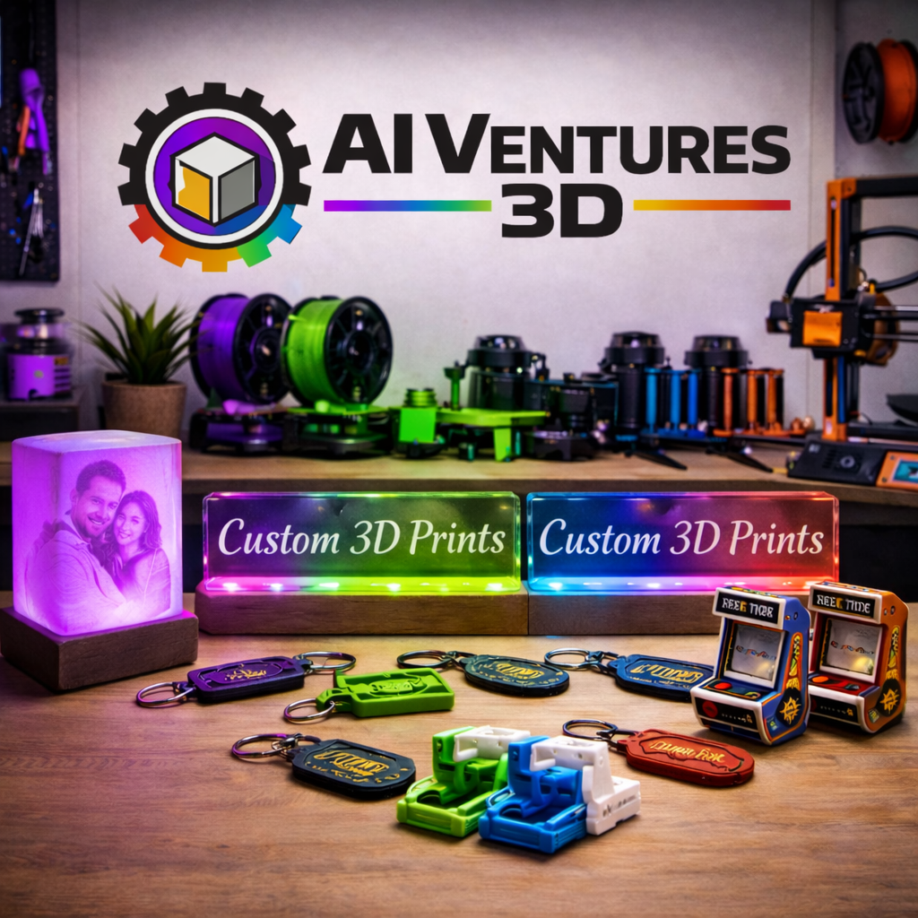 Display of custom 3D printed products and keychains in a tech workshop with a wall logo for AI Ventures 3D.