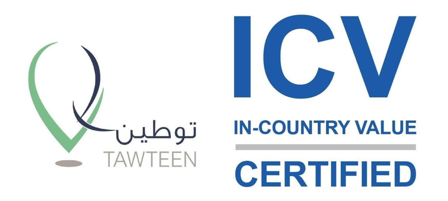 Logo featuring a map pin integrated with a leaf, with Arabic and English text, and bold blue text reading 'ICV IN-COUNTRY VALUE CERTIFIED'.