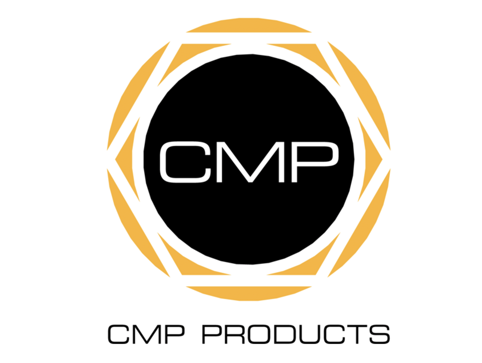 Logo for CMP Products with a black circle containing the white text 'CMP' and a gold circular design surrounding it, along with black text below that reads 'CMP PRODUCTS'.