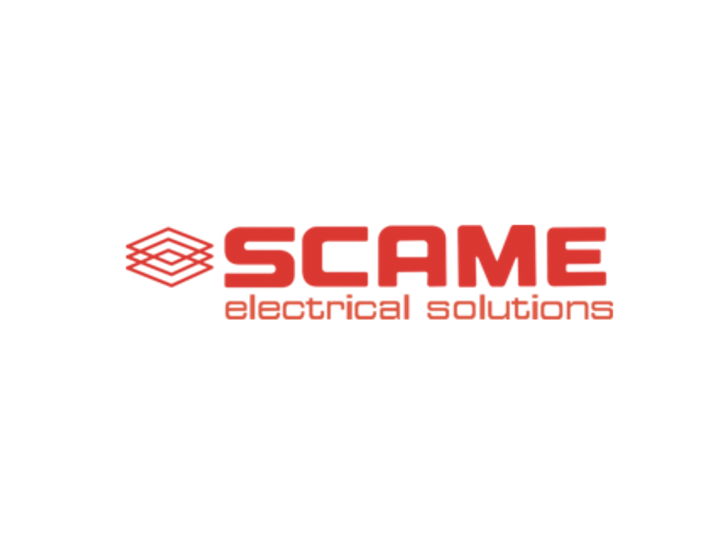 A logo for SCAME electrical solutions featuring a red geometric icon and red text on a white background.