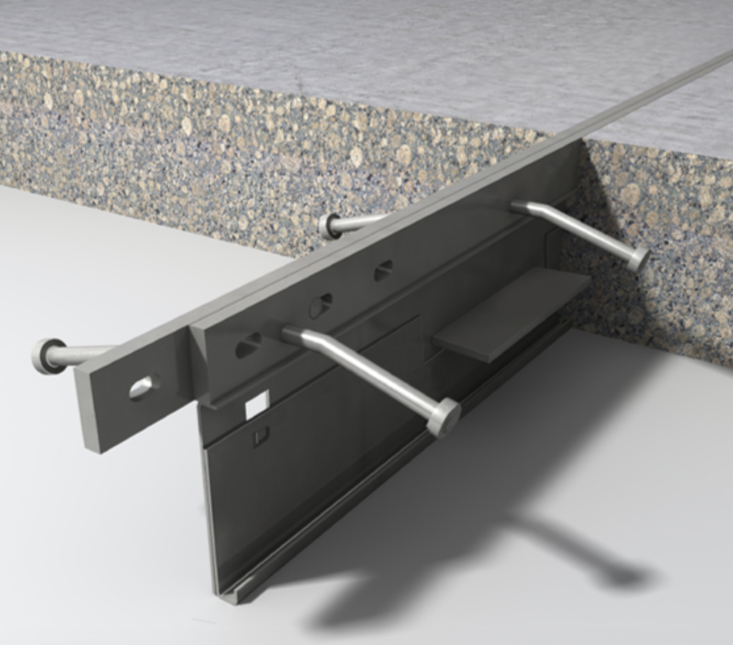 Close-up of a construction or installation proprietary metal movement joint with screws, attached to a concrete floor, part of a larger architectural or engineering setup.