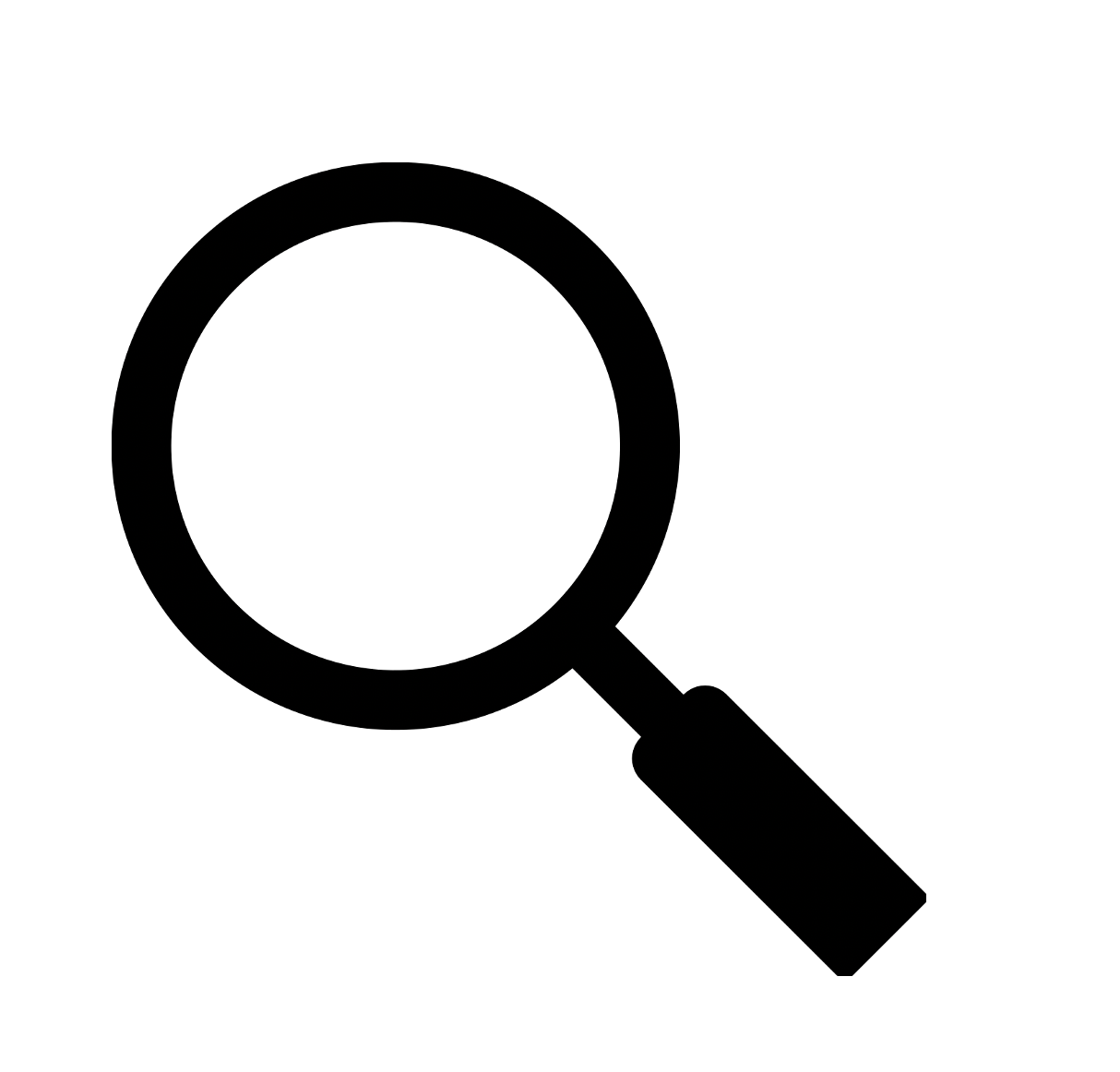 A black silhouette of a magnifying glass.