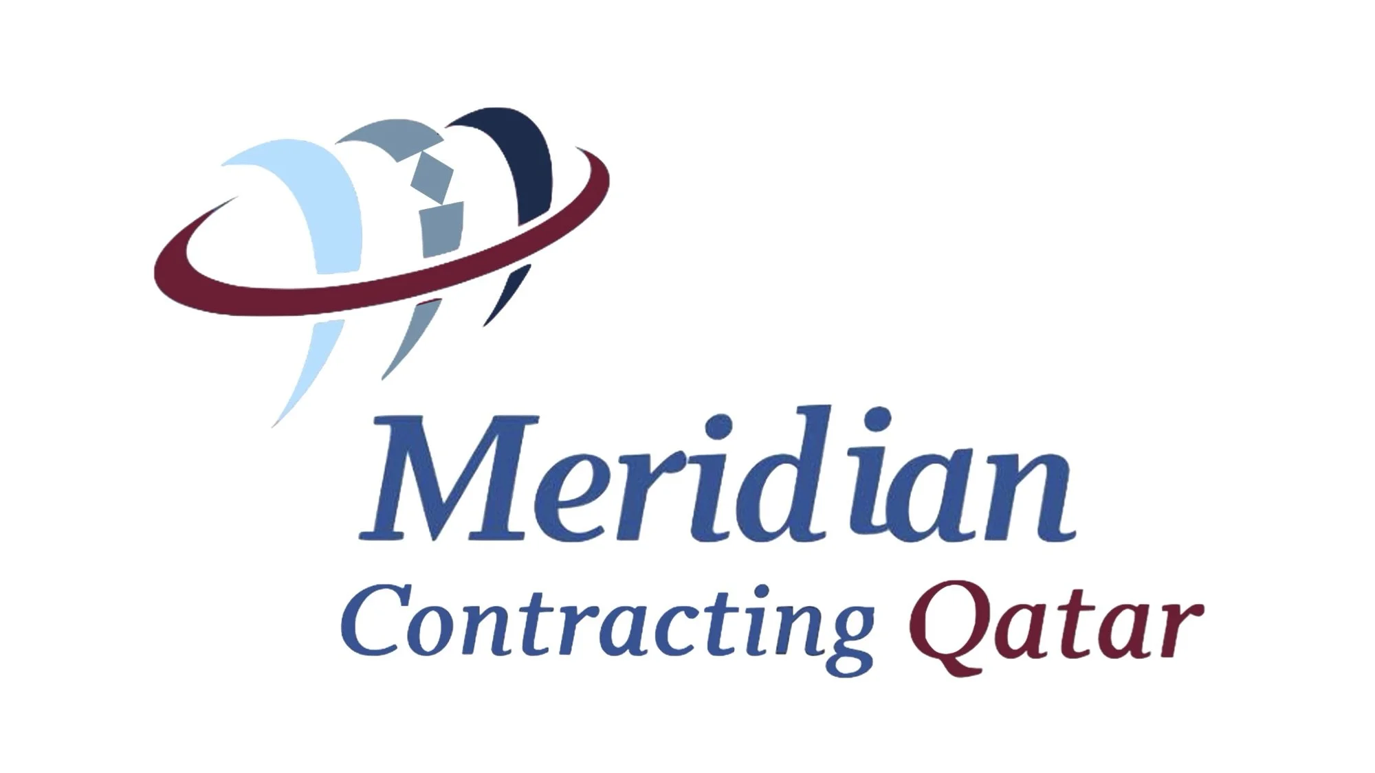 Meridian Contracting Qatar company logo featuring a stylized globe with curved lines and the company name in blue and maroon text.