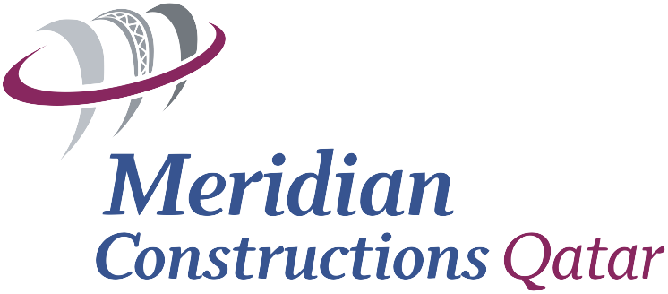Logo for Meridian Constructions Qatar featuring a stylized globe and text in blue and purple.