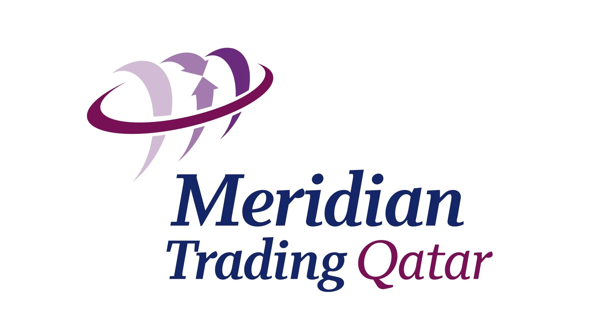 Logo of Meridian Trading Qatar with a stylized globe and the company name in blue and purple font.