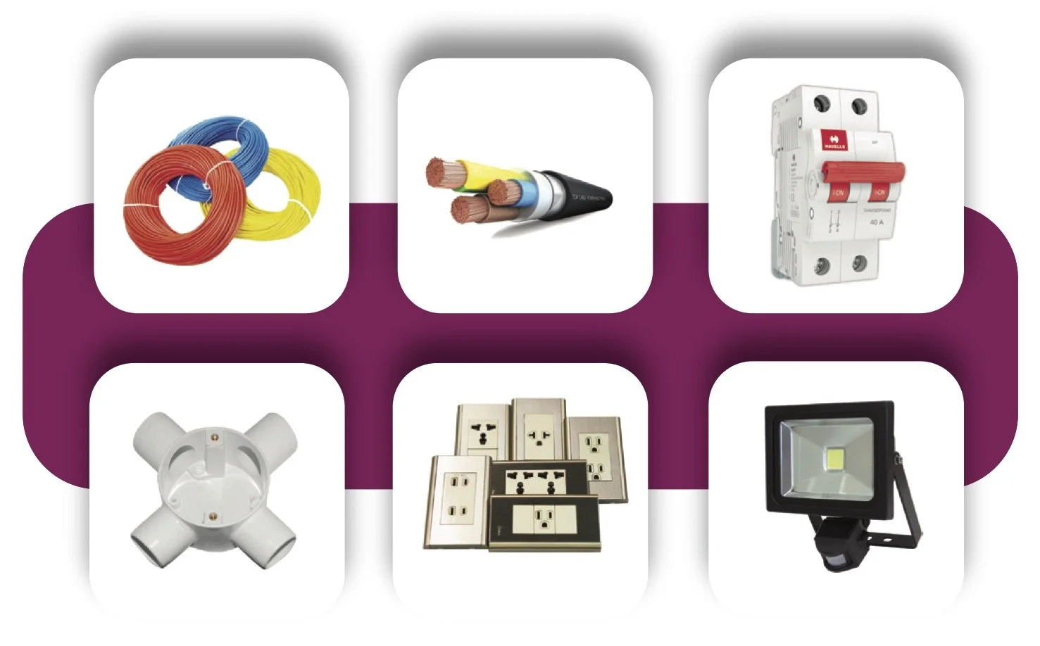 Collection of electrical components including wiring, cables, circuit breaker, power outlets, a junction box, electrical switch plates, and an LED floodlight.