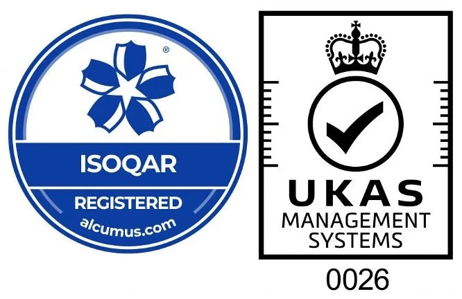 Two certification logos: the ISOQAR logo with a blue flower and 'REGISTERED' text, and the UKAS logo with a crown and a checkmark, indicating quality management system certification.