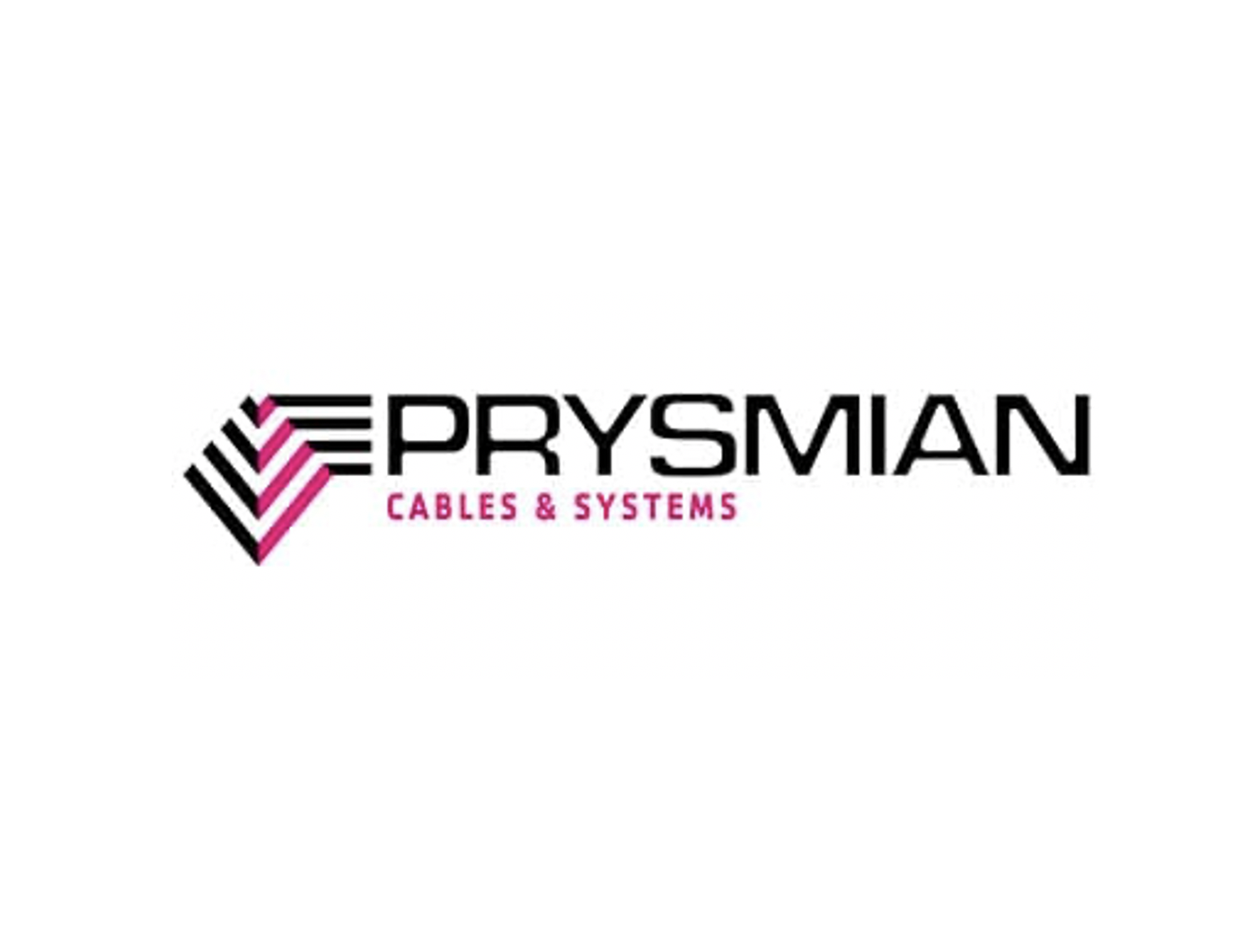 Logo of Prysmian Cables & Systems with black and pink design elements and text.