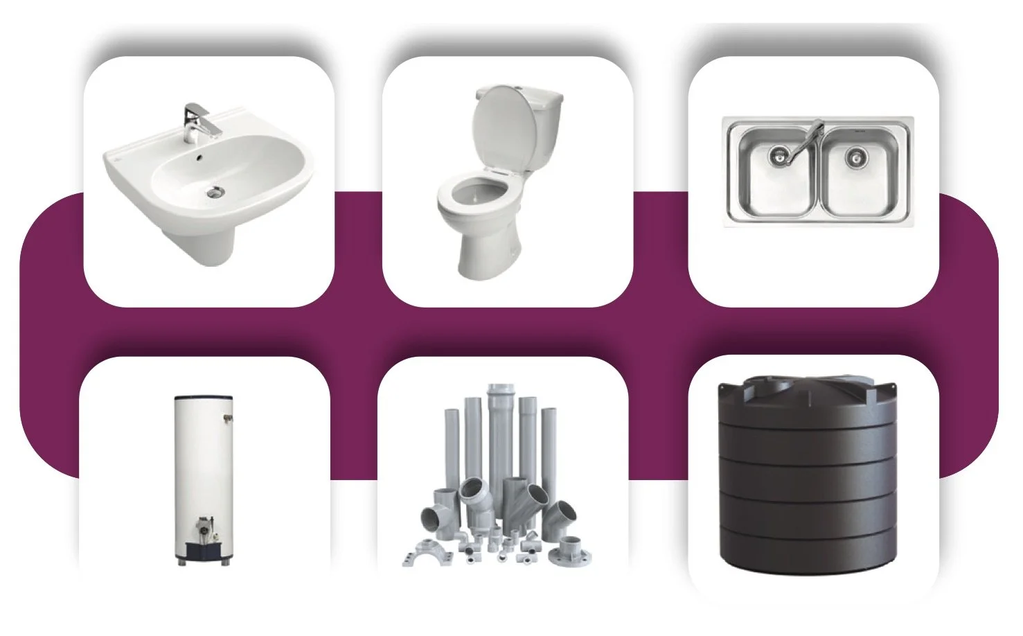 A set of plumbing fixtures and equipment, including a sink, toilet, double sink, water heater, pipe fittings, and a water storage tank.