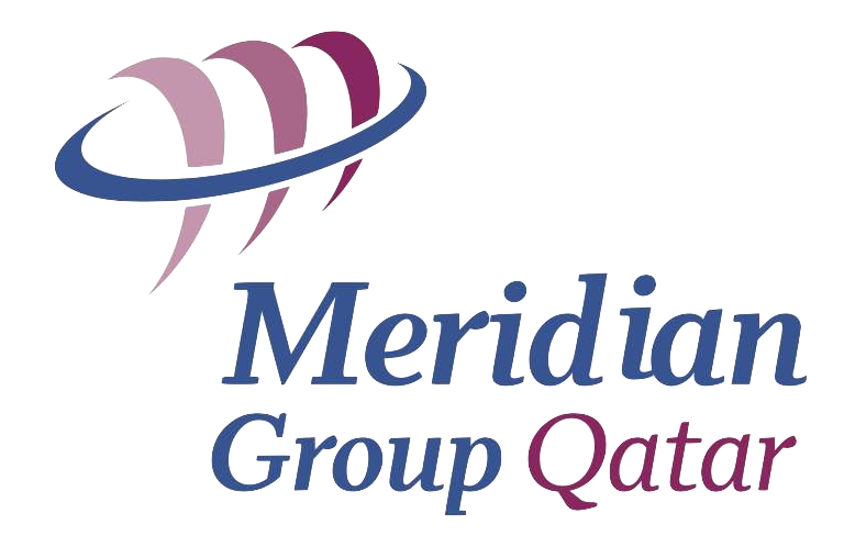 Logo for Meridian Group Qatar featuring a stylized globe with curved lines and the company name in blue and purple text.