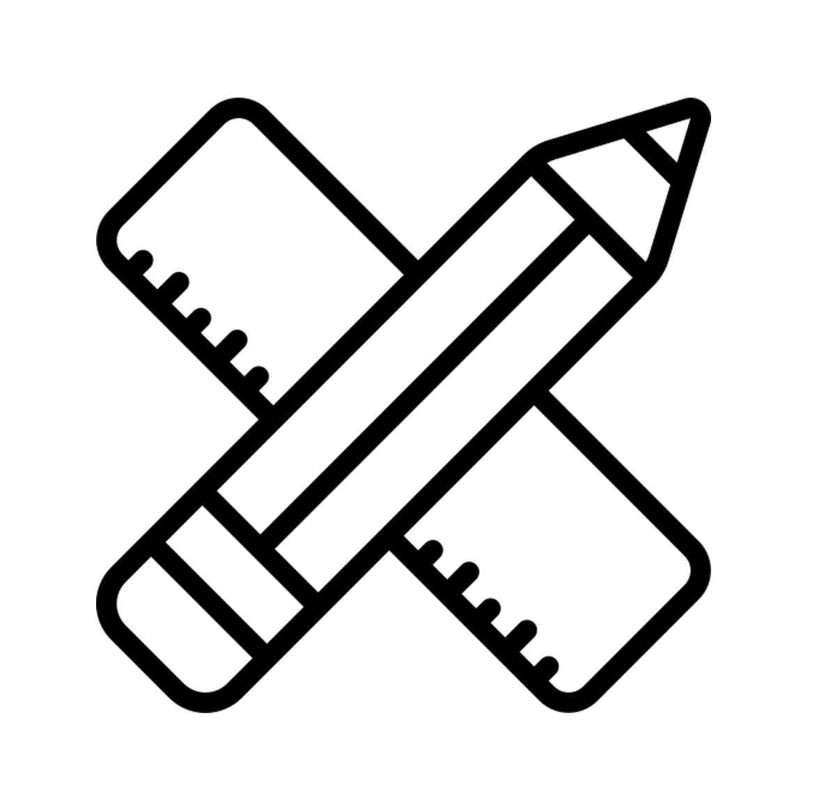 Line drawing of a pencil with a ruler crossing it.