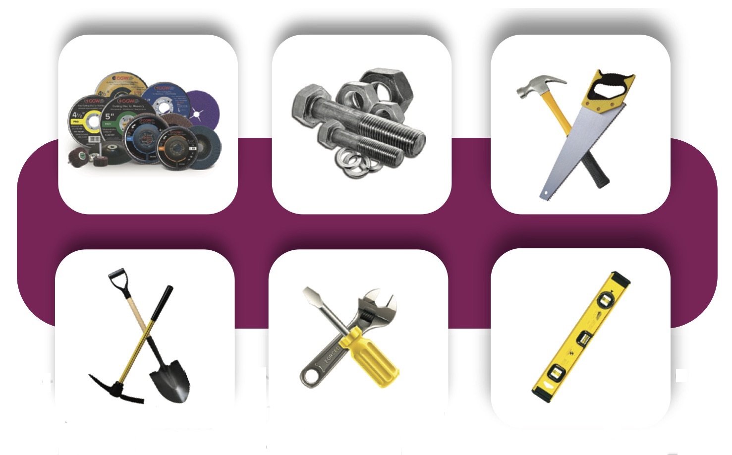 Collection of various tools and hardware items including cutting discs, bolts with nuts, a hand saw, shovels, a screwdriver, a wrench, and a spirit level.