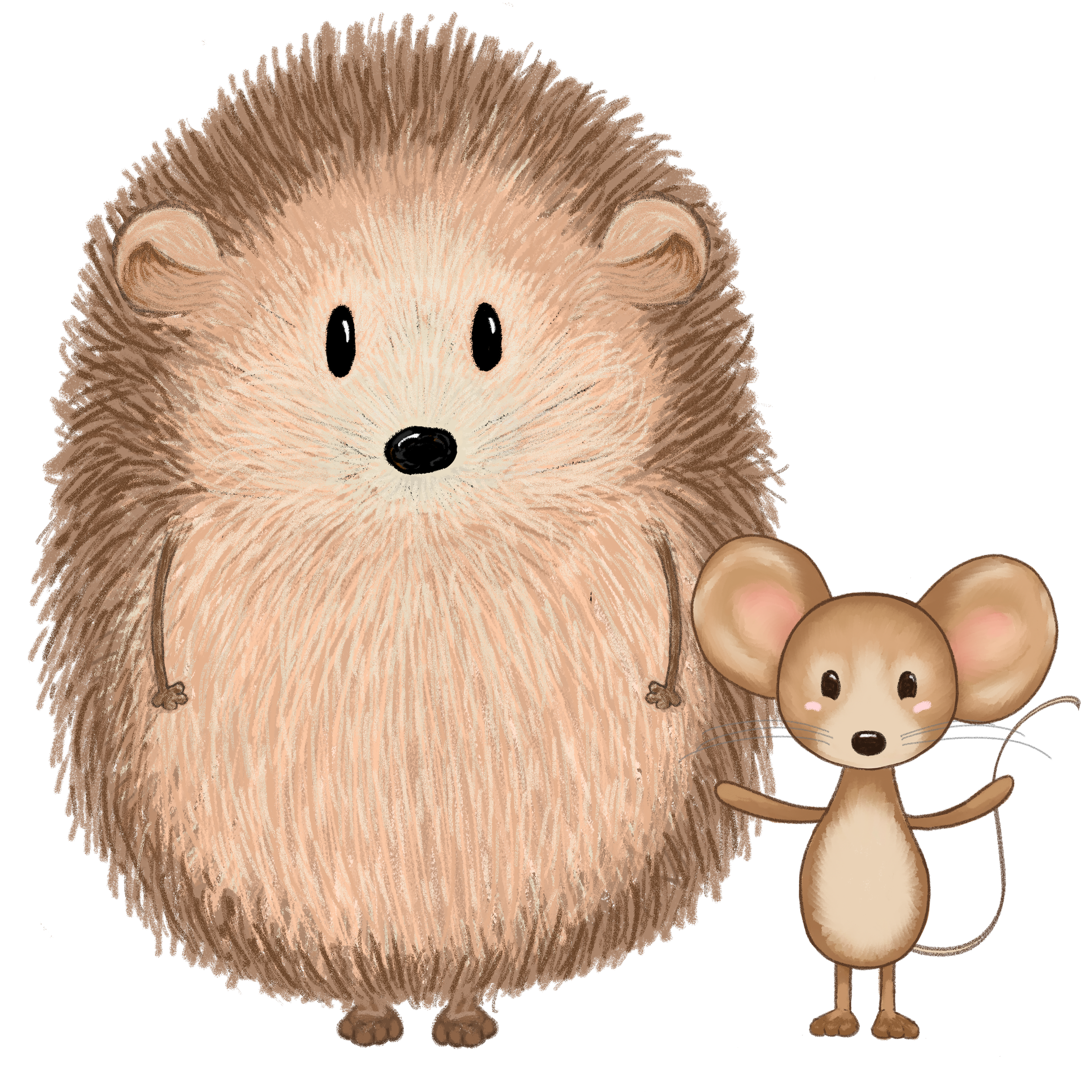 A cartoon illustration of a brown hedgehog with black eyes, a black nose, and tiny paws, standing to the left of a small, light brown mouse with big black eyes and a pink nose.