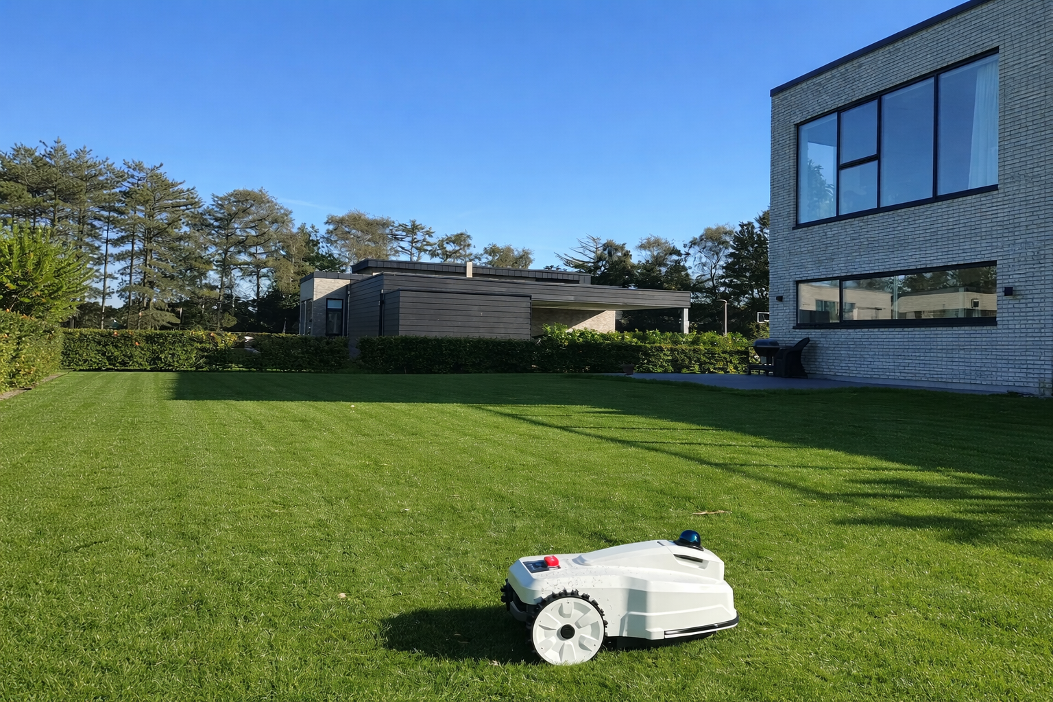 Robotic mower in a sunny backyard.png