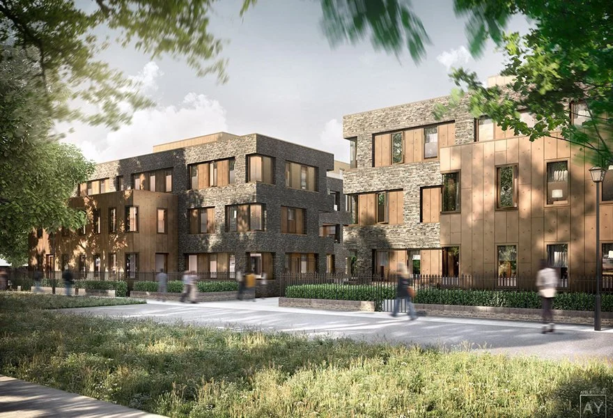 Modern multi-story residential buildings with brick and metal facades, trees, and people walking nearby.