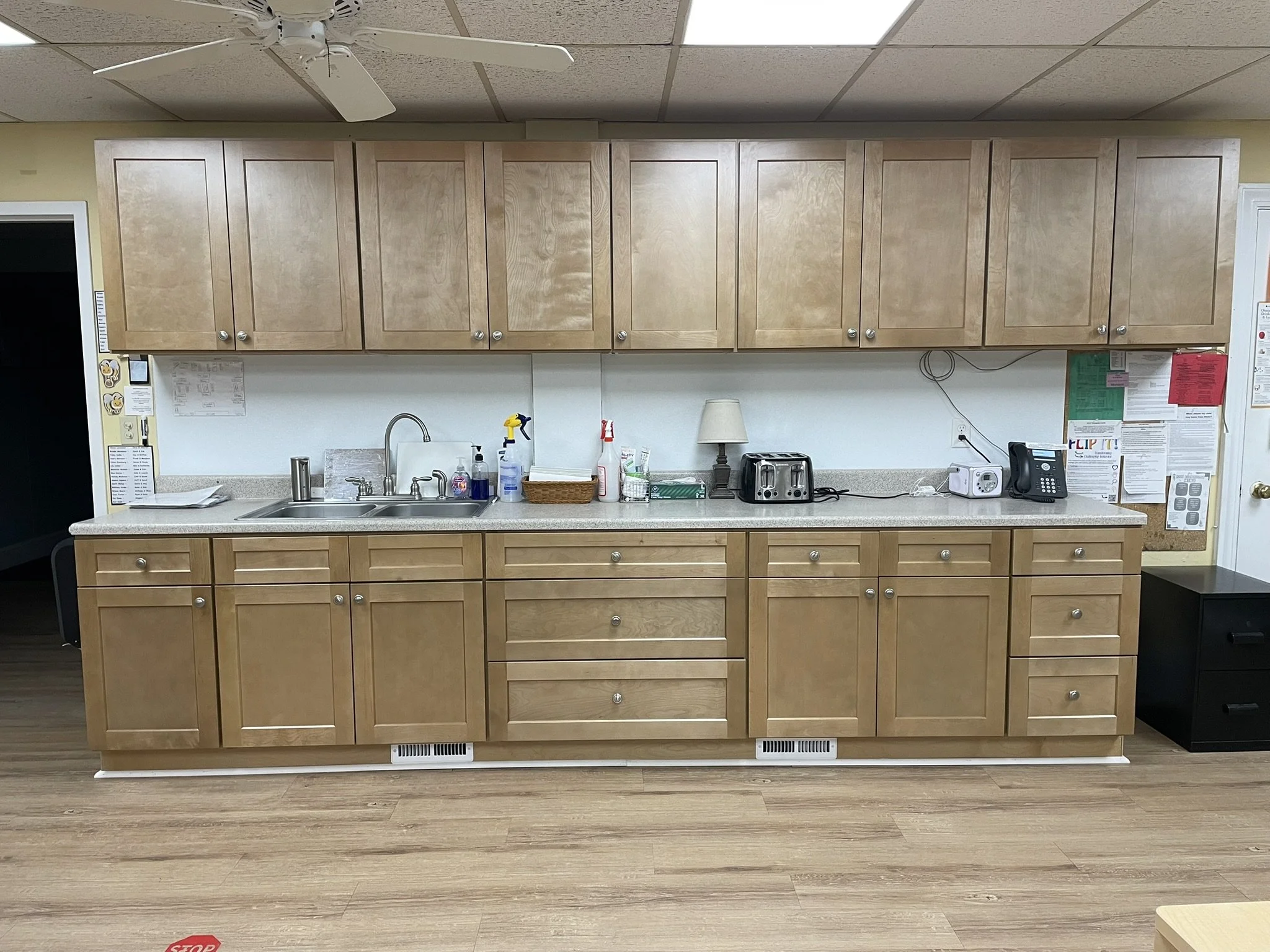 Classroom Cabinetry: With all of the wear and tear that a 100-student pre-school/day care facility can generate, it was time for this classroom's cabinetry to be replaced. Out with the old vinyl-clad, particle-board cabinets and Formica countertop. I