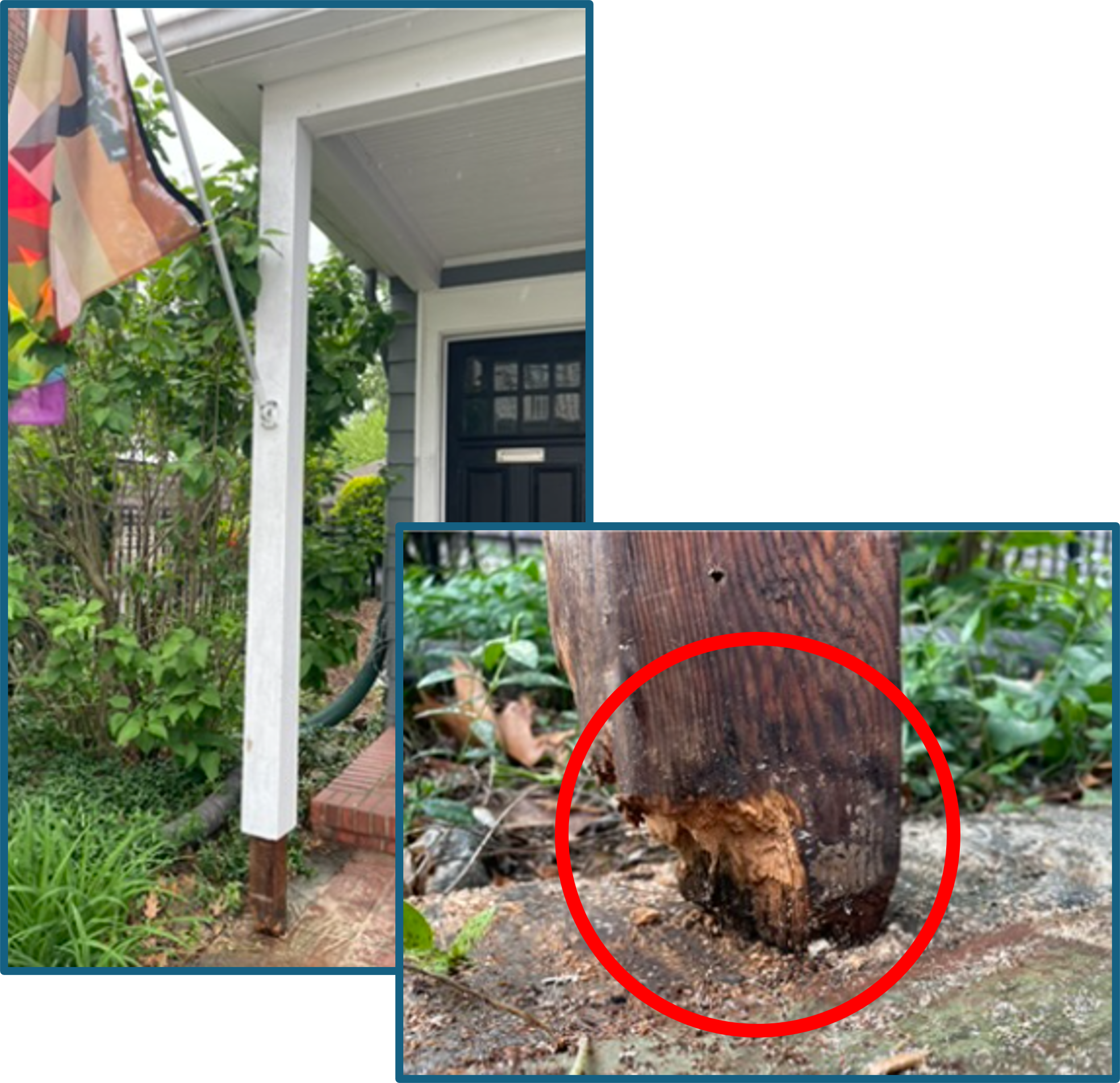 Porch Post Repair: A rotting porch post was causing concerns. After removing the rotted post sleeve, the rotted and insect-ridden post was cut away, replaced with pressure treated lumber and encased in maintenance-free PVC.