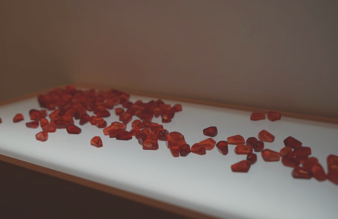 Various red gemstones scattered on a lighted display table. Artwork by Lydia Mcaig