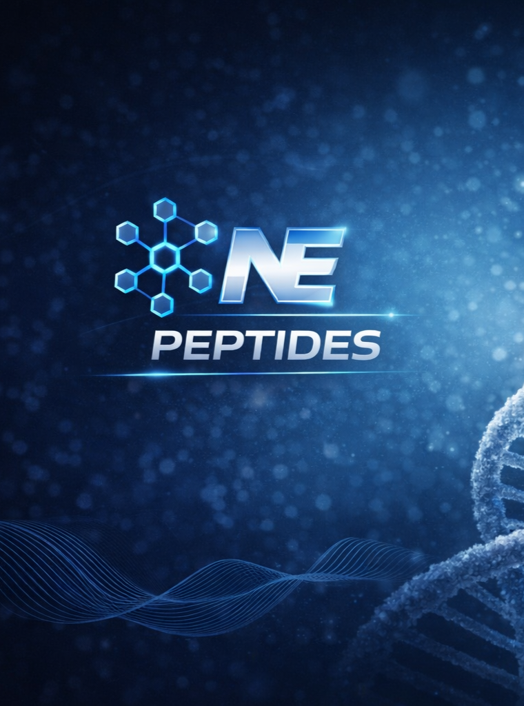 Graphic representing NE Peptides with a molecular structure and DNA strand, set against a dark blue, science-inspired background.