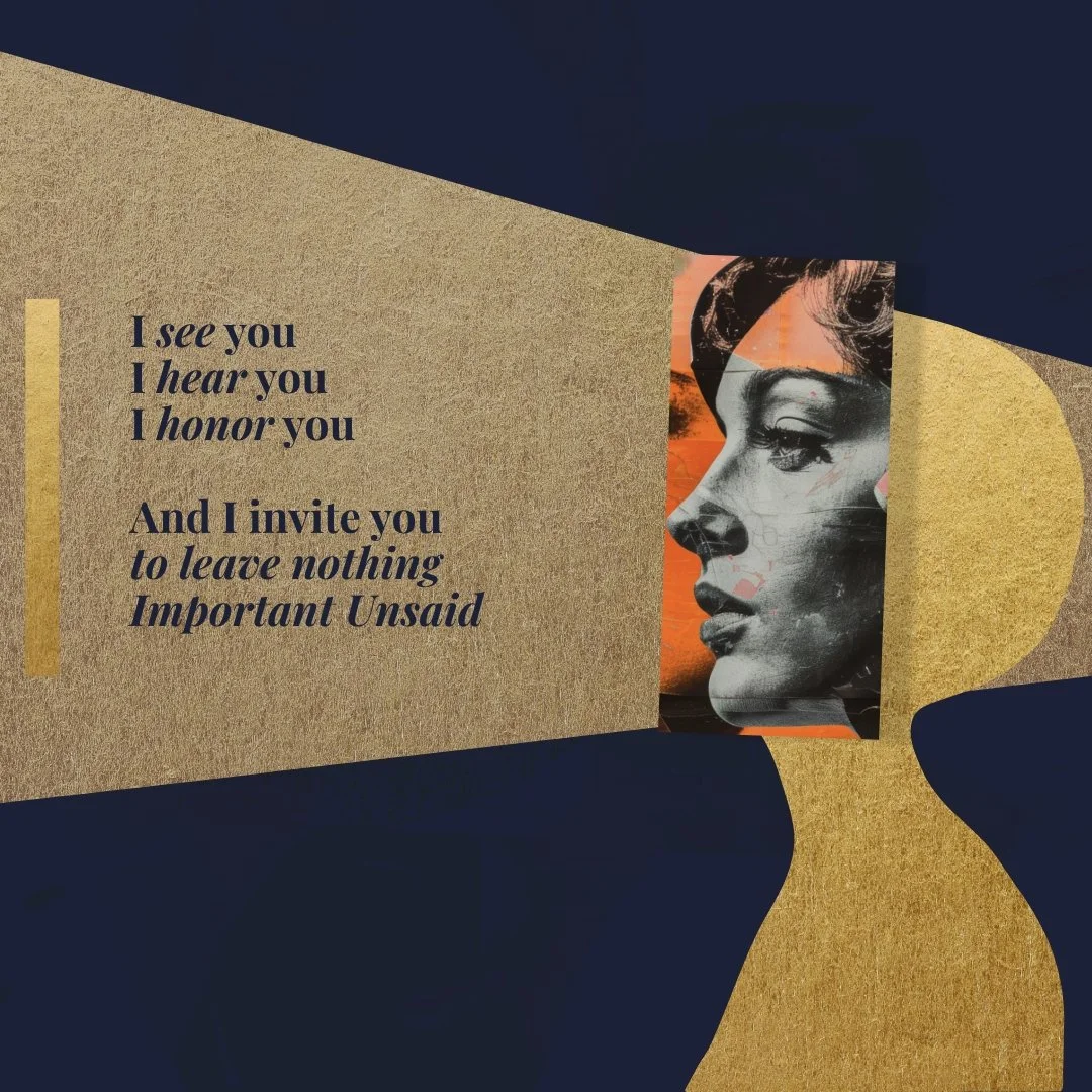 A gold and dark blue abstract art background with a poem on the left side and an image of a woman's profile on the right side, featuring a collage-style black and white face with a sunset sky in the background.