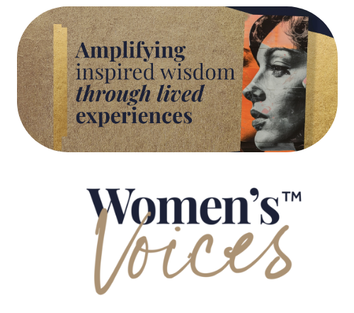 An artistic graphic with the words "Amplifying inspired wisdom through lived experiences" and a depiction of a woman's profile.