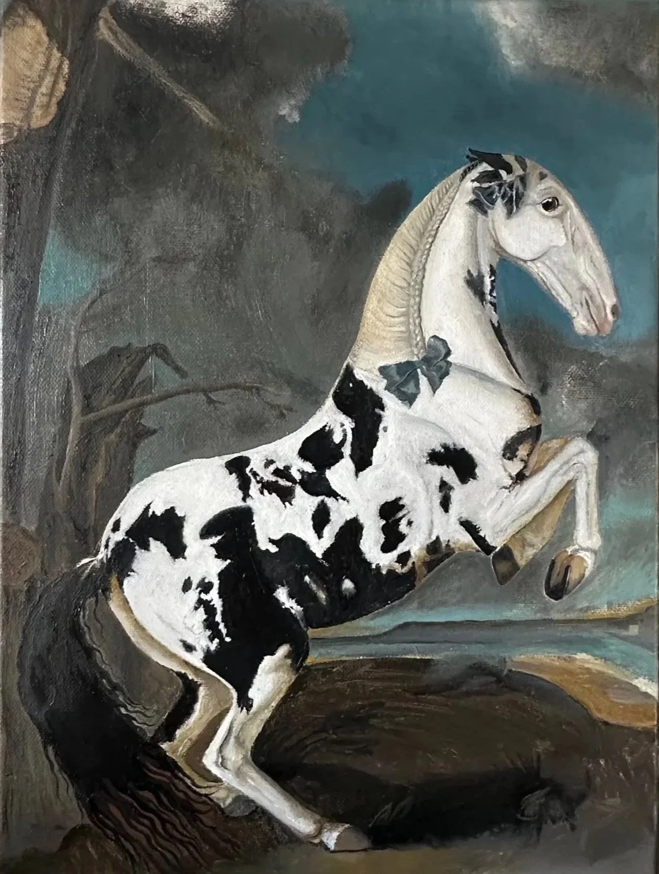 An oil painting of a white and black spotted horse and a black and white spotted dog sitting together outdoors with trees and a cloudy sky in the background.