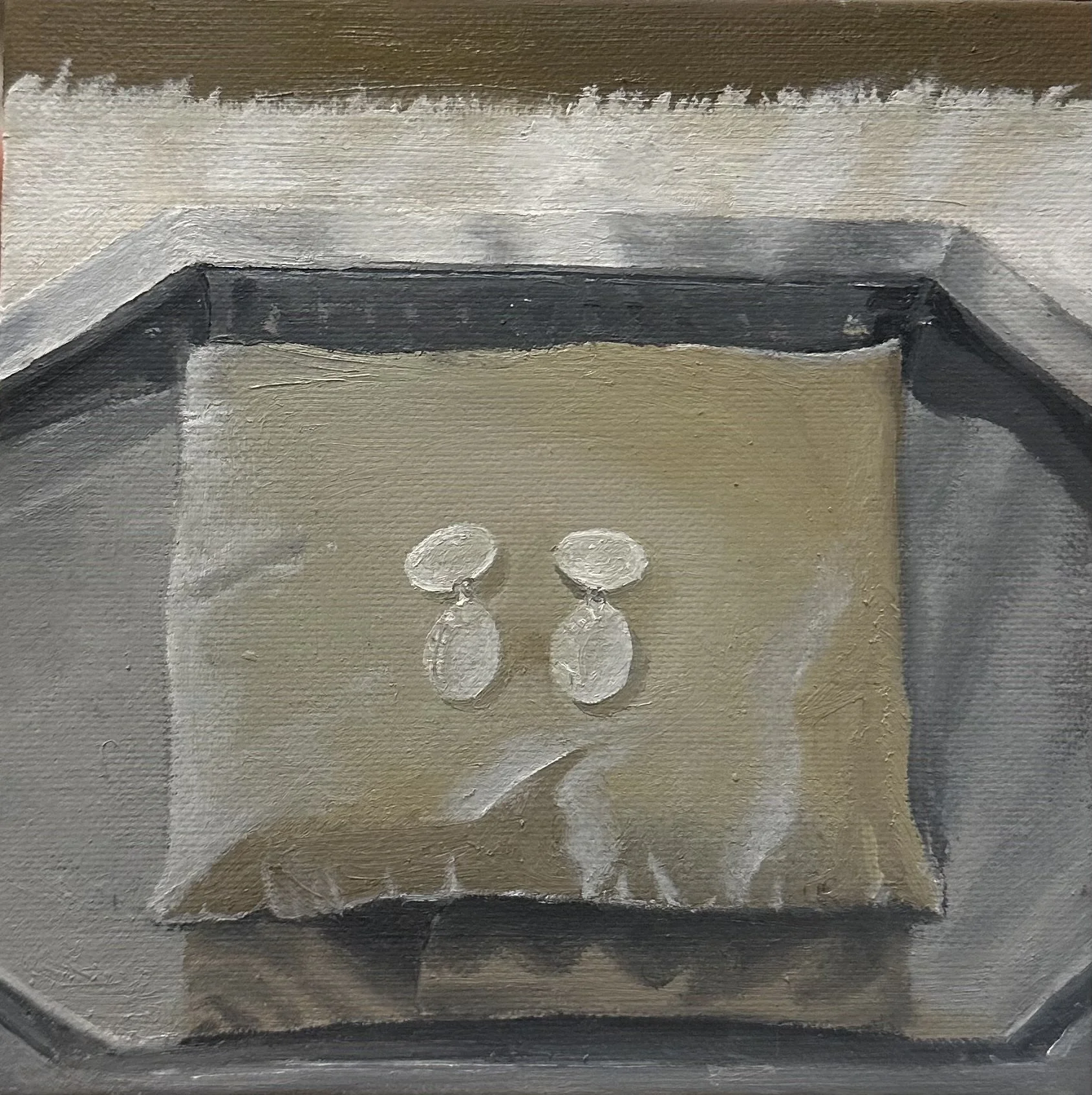Painting of a pair of earrings with round hoops and a small bead hanging from each, in front of a stylized rectangular frame with black, gray, and beige colors.