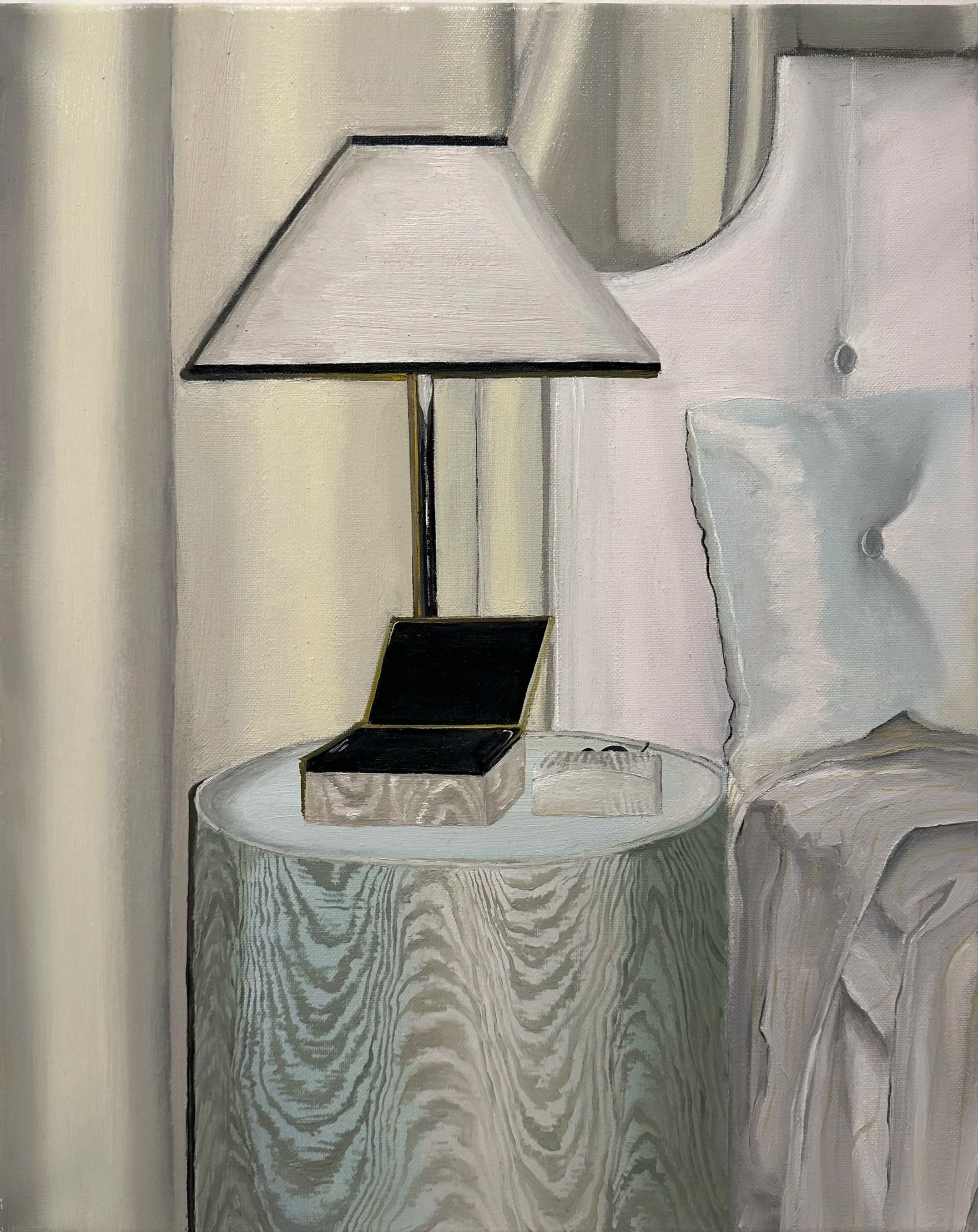 A stylized painting of a white table lamp with a wire stand, placed on a round side table with a white, textured surface, next to a bed with a white tufted headboard and pillows in a light-colored room.