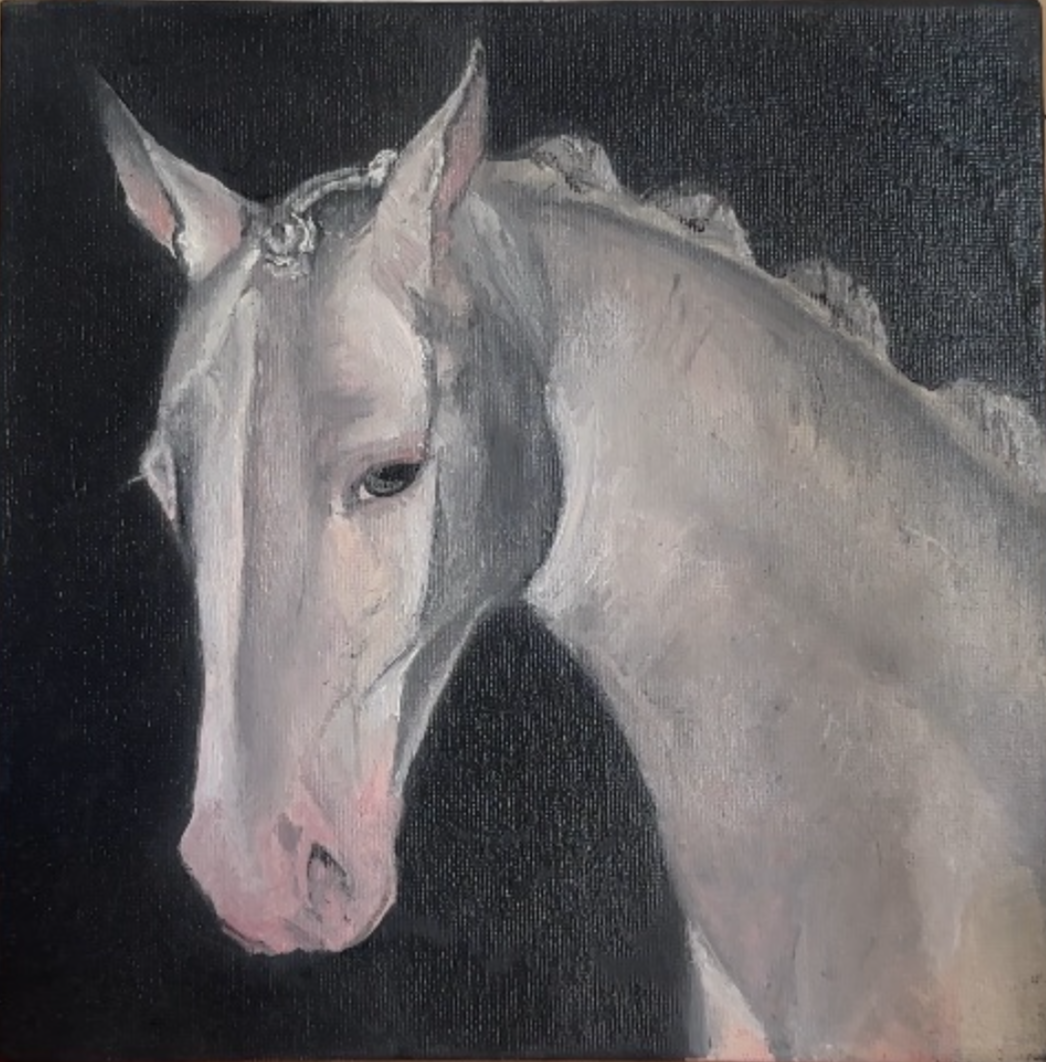 Painted portrait of a white horse with a dark background.