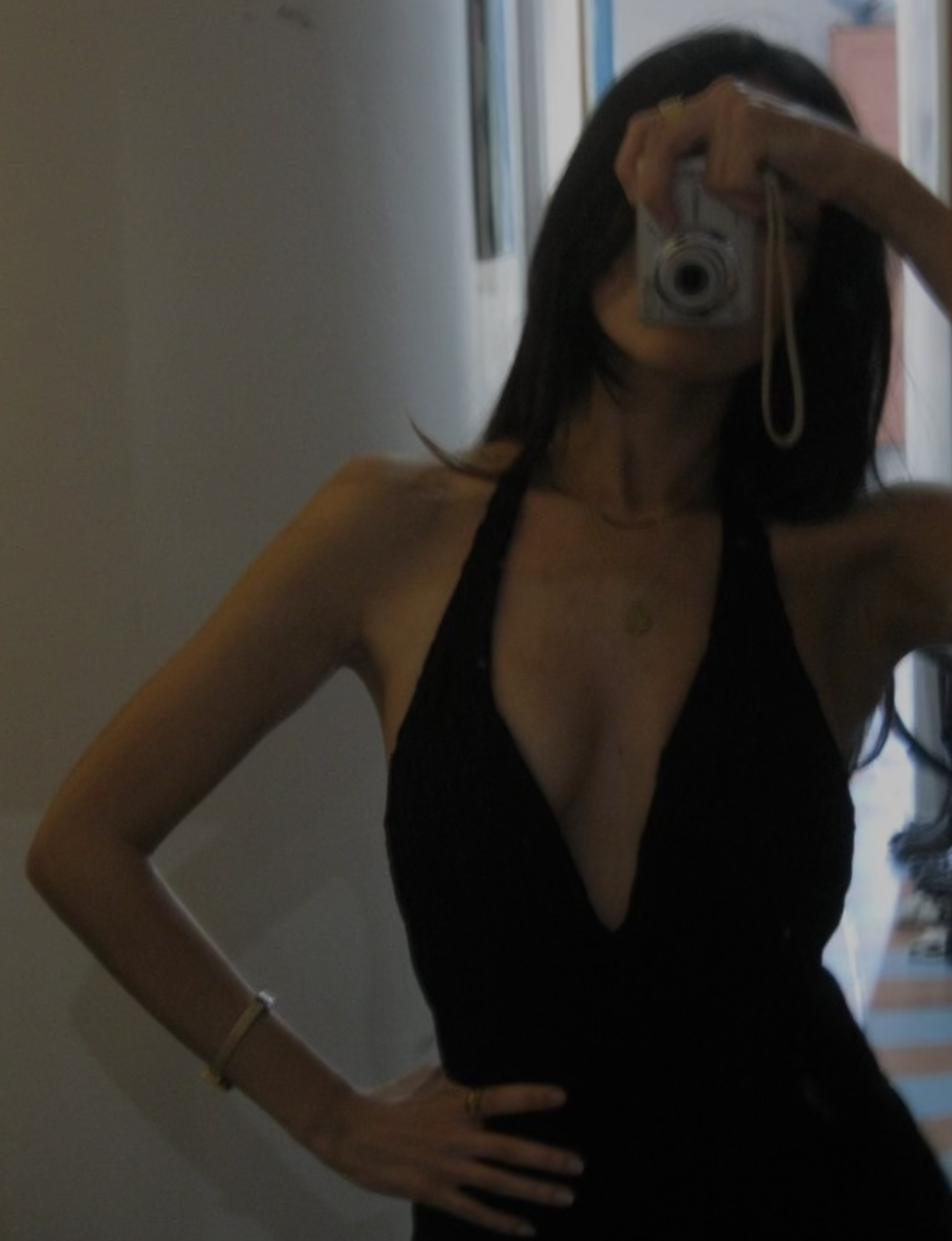 Paulin Studios painter, Paula,  taking a mirror selfie with a camera, wearing a black sleeveless V-neck dress, standing in a room with a doorway and bookshelves in the background.