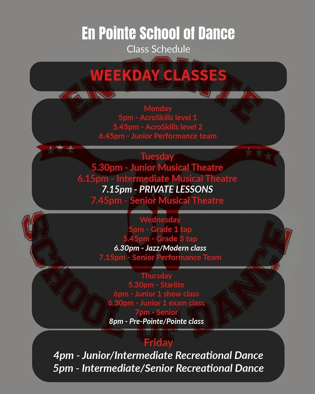 Here it is&hellip; Our brand new timetabale!!❤️

Check out our new classes, written in white 👀

#refresh #dance #danceschool #danceschoolscotland #dancestudioglasgow #perform #timetable #danceclass