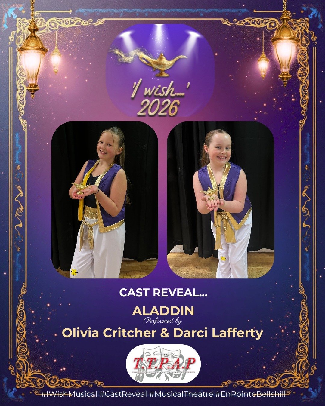 ✨ CAST ANNOUNCEMENT &mdash; I Wish&hellip;✨

Introducing Olivia Critcher and Darci Lafferty as Aladdin!✨

With courage, heart, and a whole lot of sparkle, they&rsquo;ve brought this role to life in the most magical way. We can&rsquo;t wait for you to